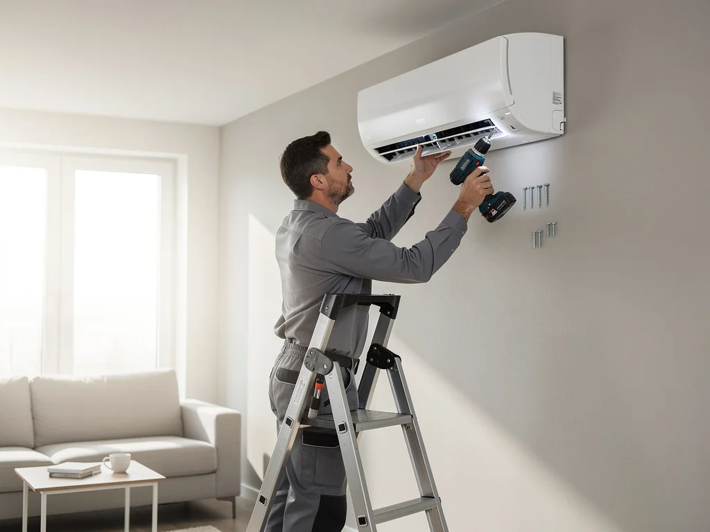 Technicien fixant une unité murale de climatisation air-air au-dessus d'un salon
