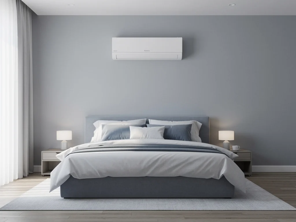 Unité murale de pompe à chaleur air-air discrète dans une chambre lumineuse